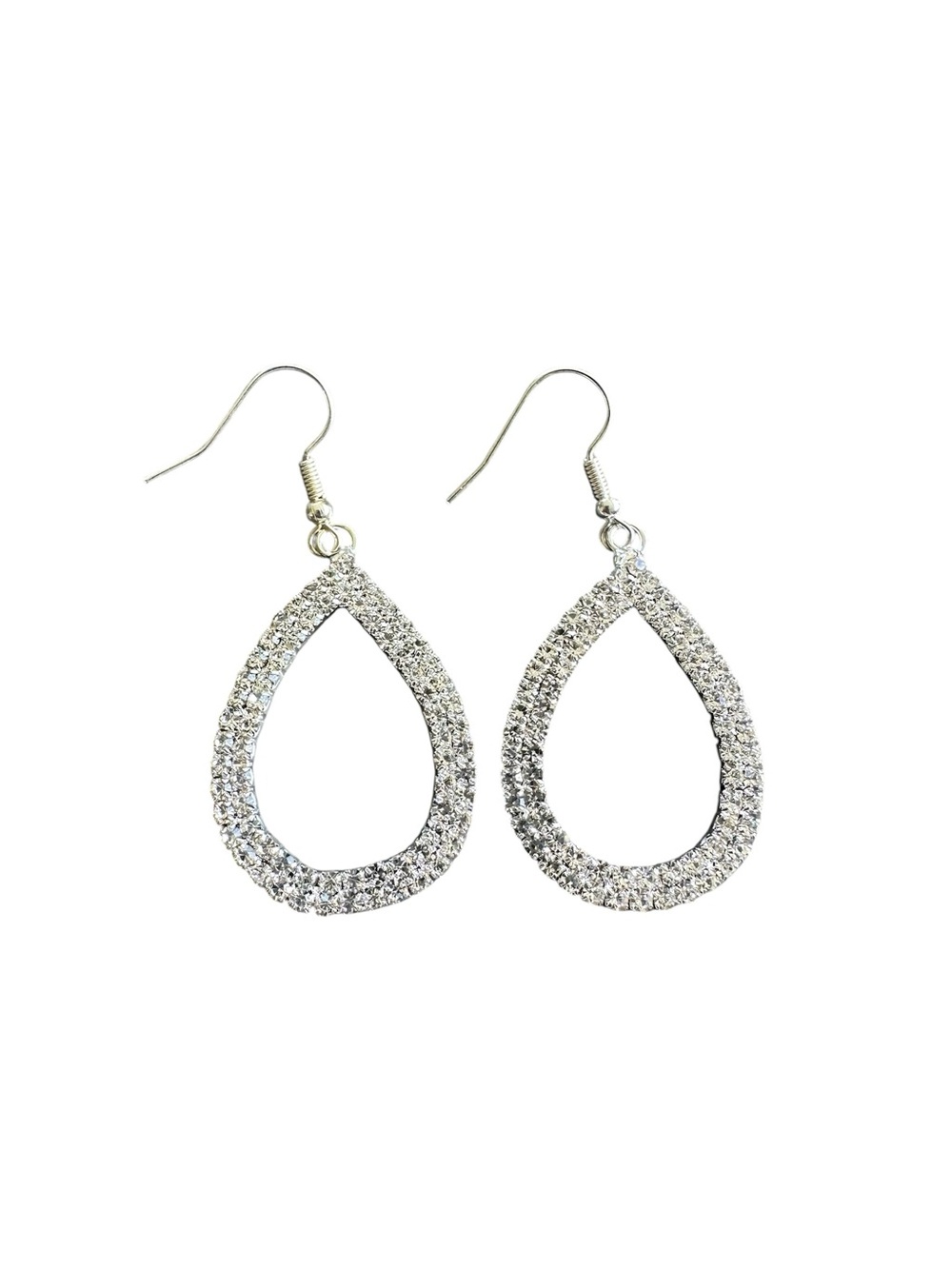Rhinestone Diamond Silver Hollow Center Teardrop Drop Earrings
